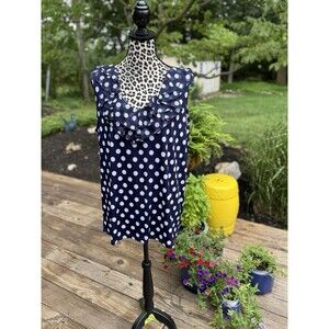 Blair Women's Sleeveless Tank Top Navy Blue White V-neck Ruffle Polka Dot Sz L